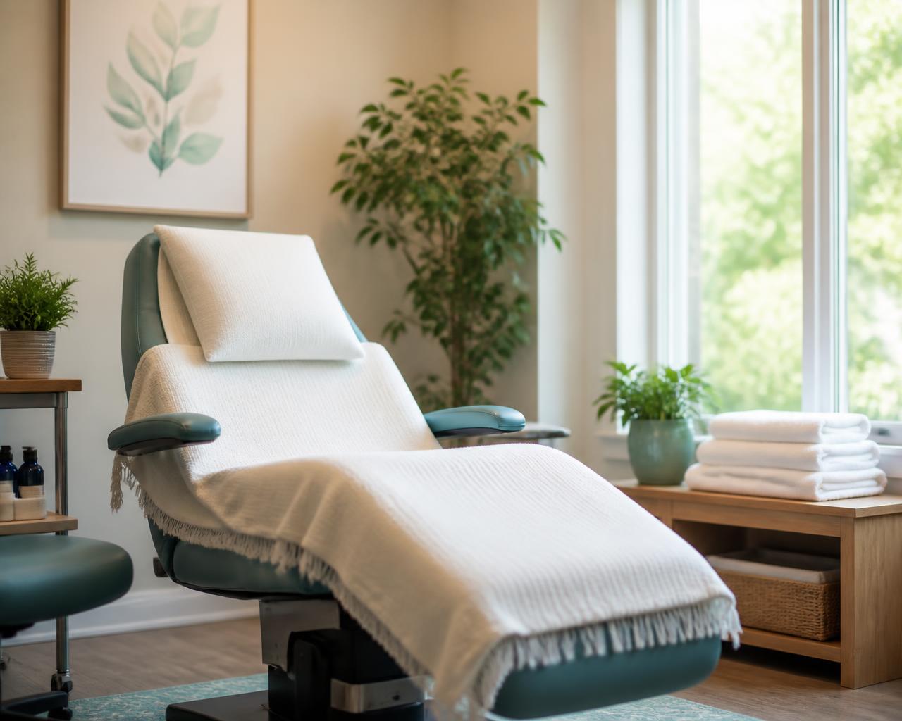 Calm auricular therapy treatment room with a reclining chair and plants